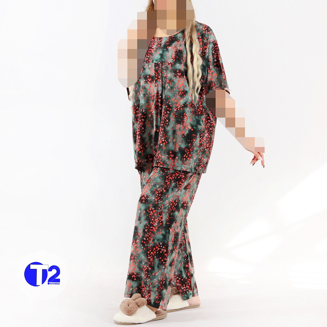 ست تیشرت وشلوار جلوپیله دار نخی سه بعدی (2844)