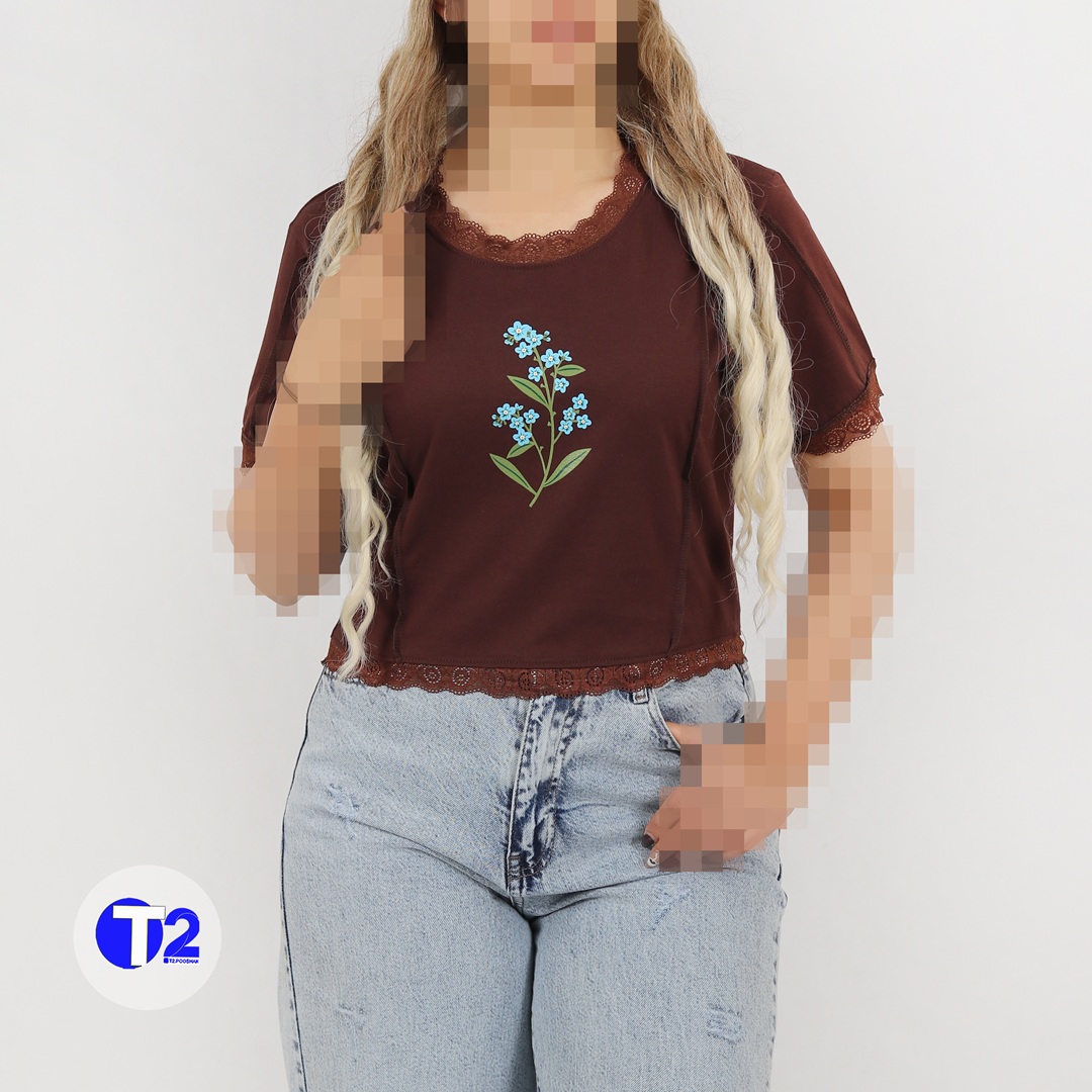 تیشرت  کراپ باکسی شکوفه آبی  گیپوری(3125)