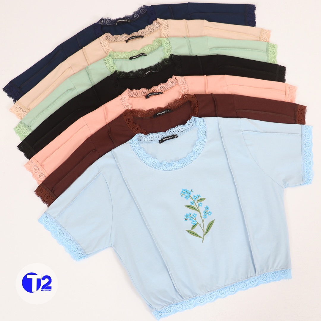 تیشرت  کراپ باکسی شکوفه آبی  گیپوری(3125)