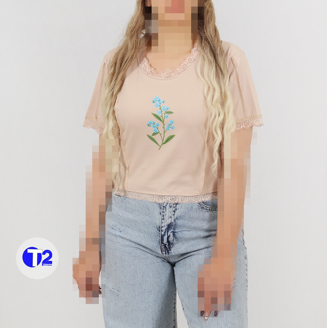 تیشرت  کراپ باکسی شکوفه آبی  گیپوری(3125)