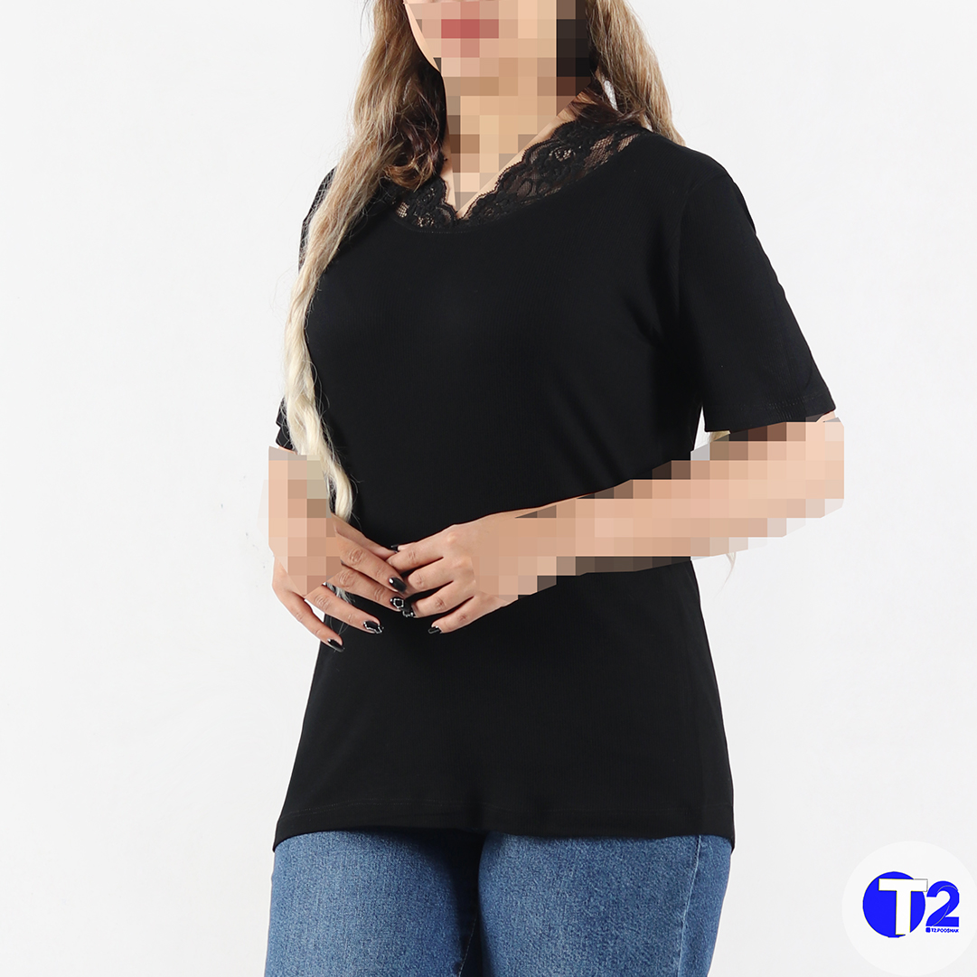 تیشرت یقه گیپوری تک مشکی برشکا (3403)