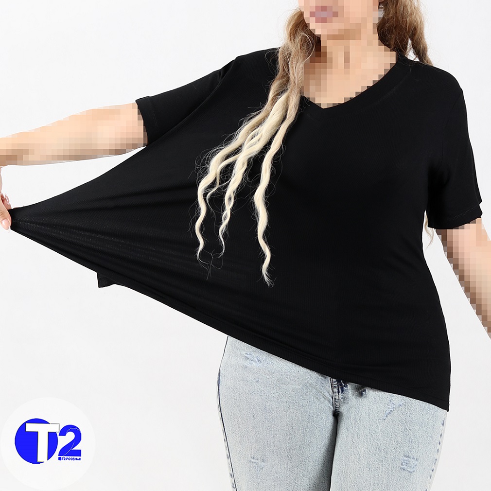 تیشرت یقه هفت برشکا تک مشکی وبیگ سایز(3483)