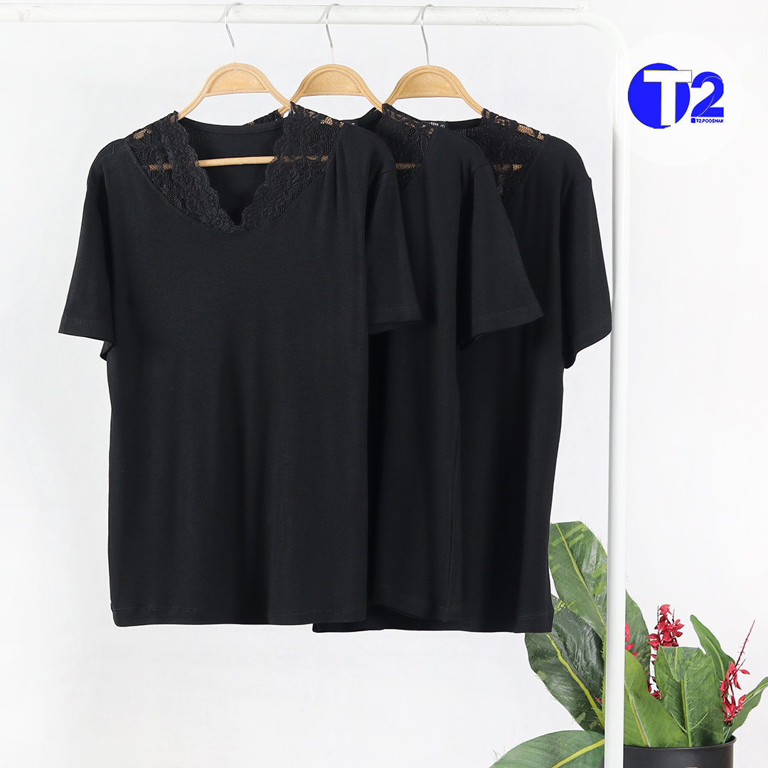 تیشرت یقه گیپوری تک مشکی برشکا (3403)