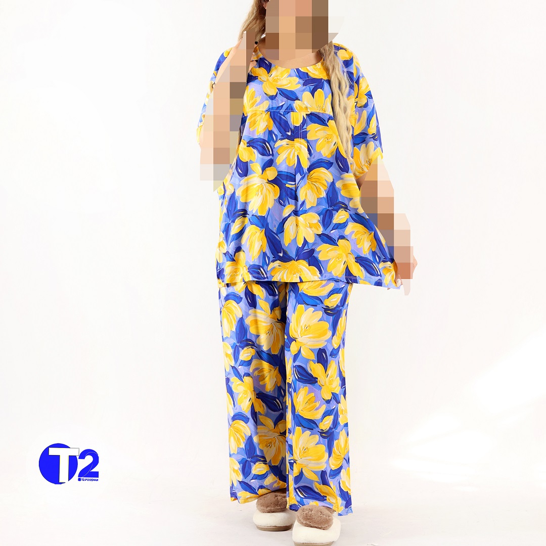ست تیشرت وشلوار جلوپیله دار نخی سه بعدی (2844)