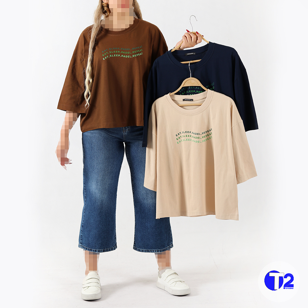 تیشرت فول باکسی  آستین سه ربع پادل(3491)