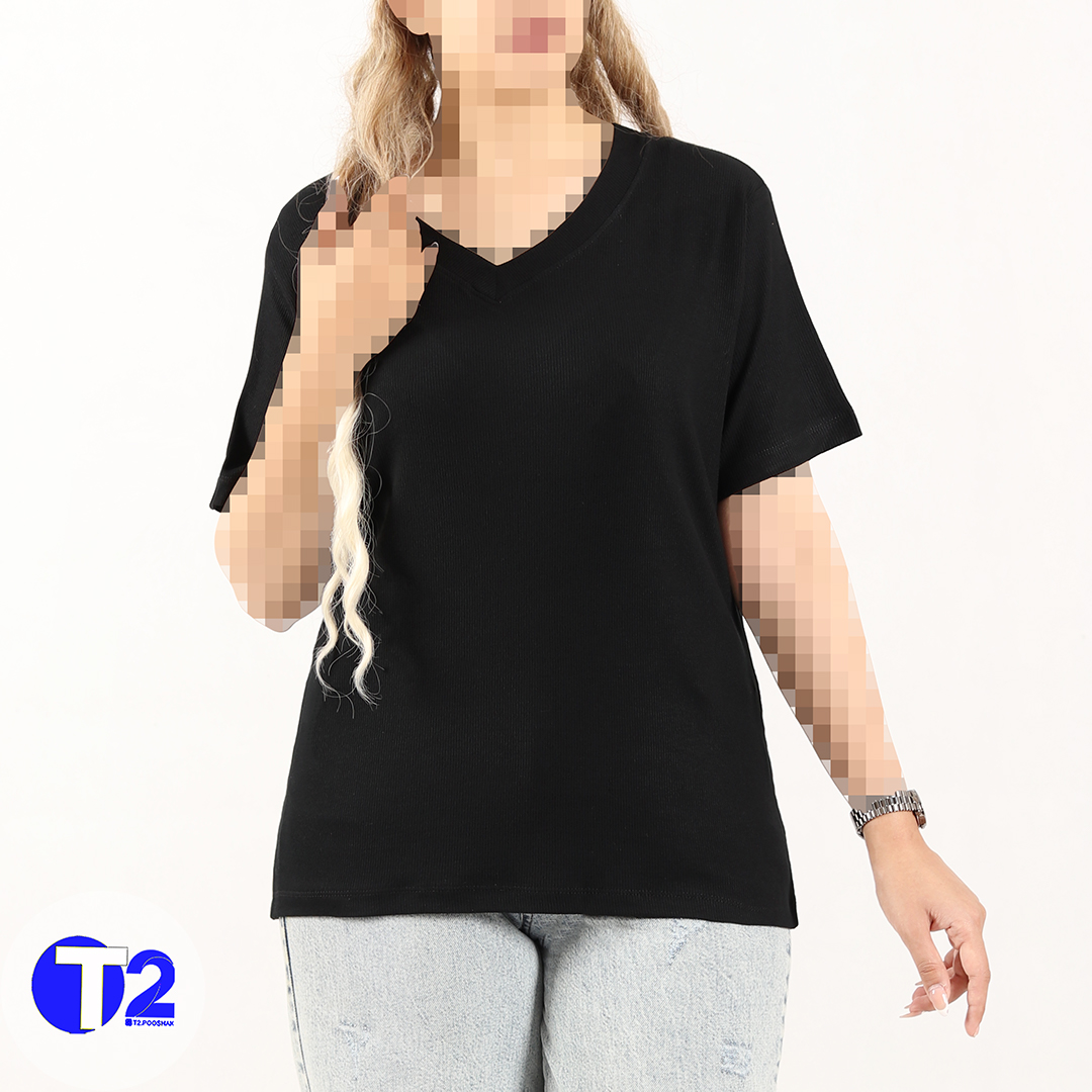 تیشرت یقه هفت برشکا تک مشکی وبیگ سایز(3483)