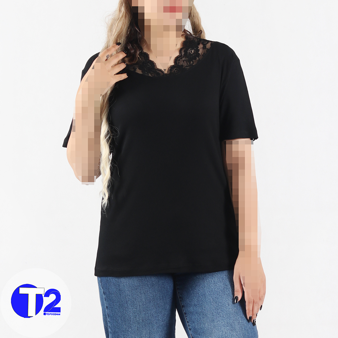 تیشرت یقه گیپوری تک مشکی برشکا (3403)