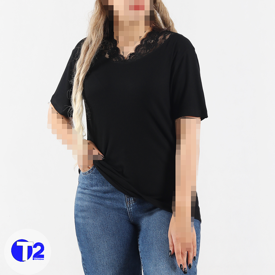 تیشرت یقه گیپوری تک مشکی برشکا (3403)