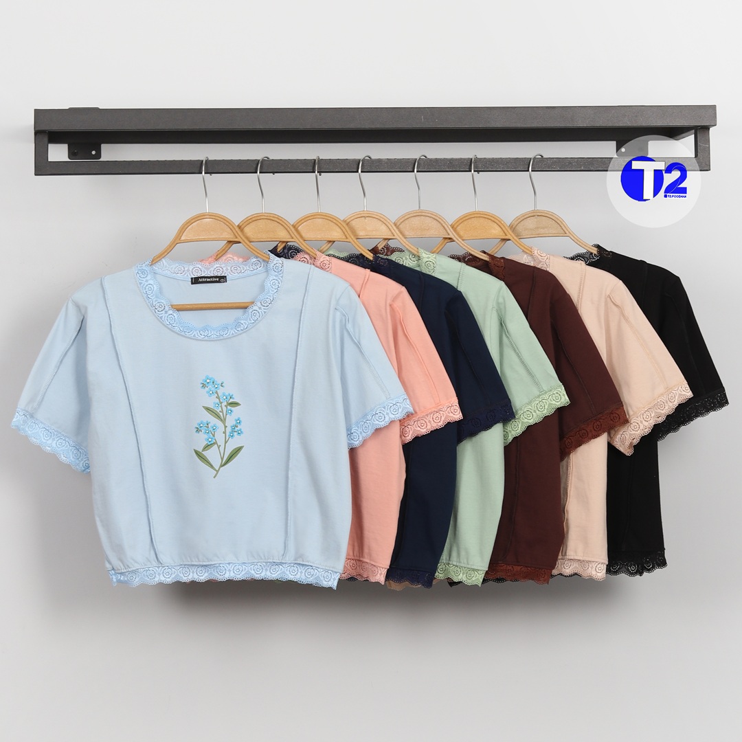 تیشرت  کراپ باکسی شکوفه آبی  گیپوری(3125)