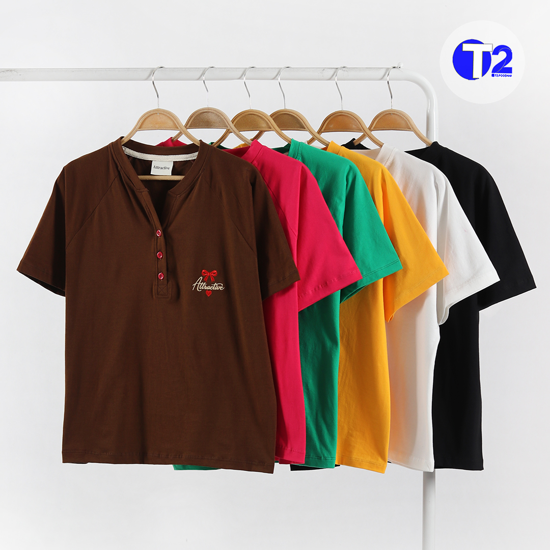 تیشرت یقه هنلی گلدوزی پاپیون اترکتیو(3546)