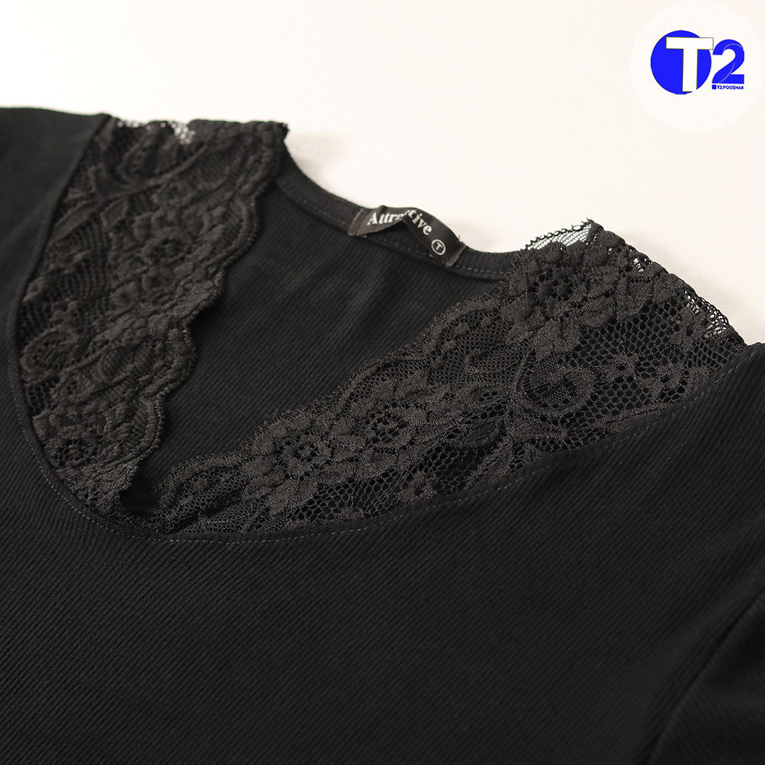 تیشرت یقه گیپوری تک مشکی برشکا (3403)