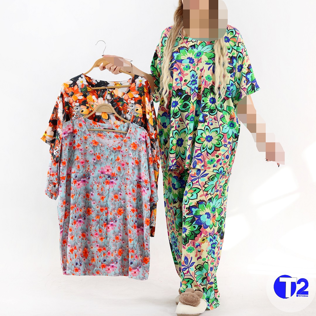 ست تیشرت وشلوار جلوپیله دار نخی سه بعدی (2844)