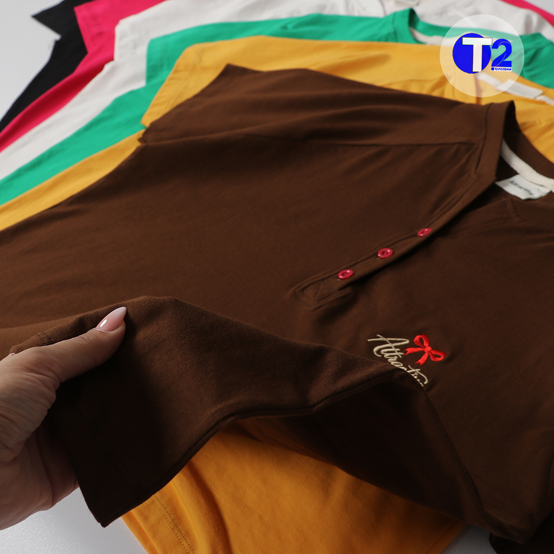 تیشرت یقه هنلی گلدوزی پاپیون اترکتیو(3546)