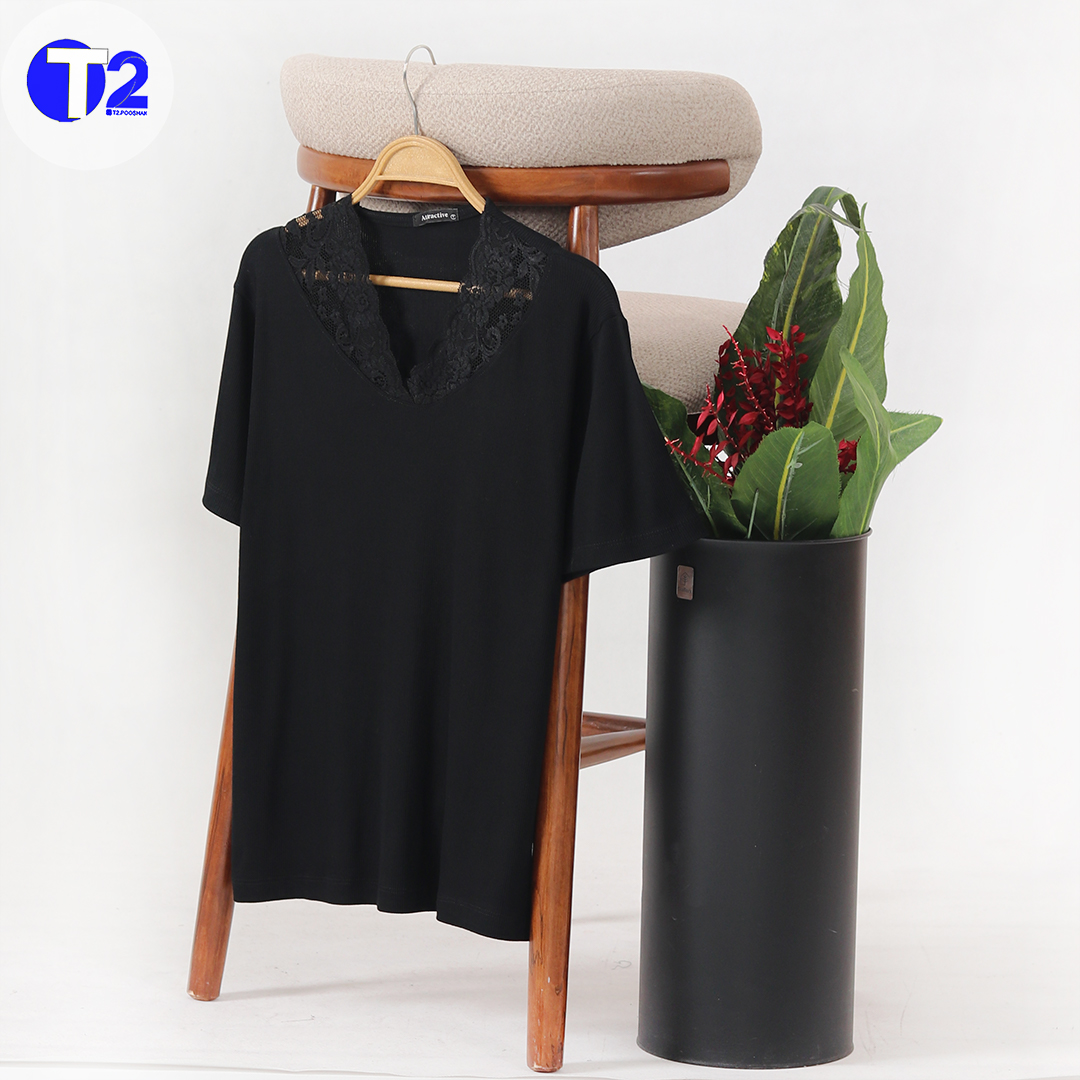 تیشرت یقه گیپوری تک مشکی برشکا (3403)