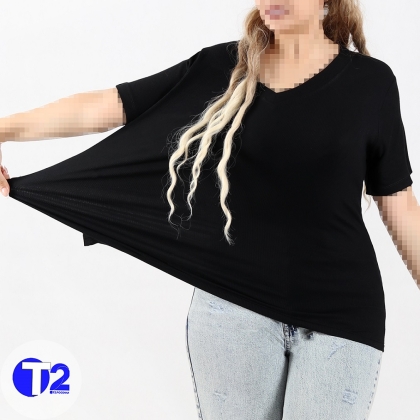 تیشرت یقه هفت برشکا تک مشکی وبیگ سایز(3483)