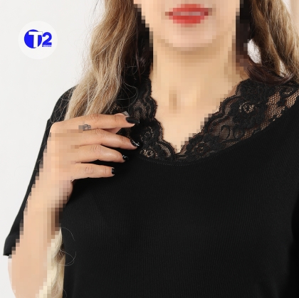 تیشرت یقه گیپوری تک مشکی برشکا (3403)